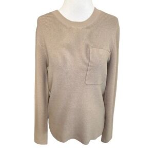 FIGS Womens Ribbed Crew Neck Sweater Tan Beige Chest Pocket Size Small